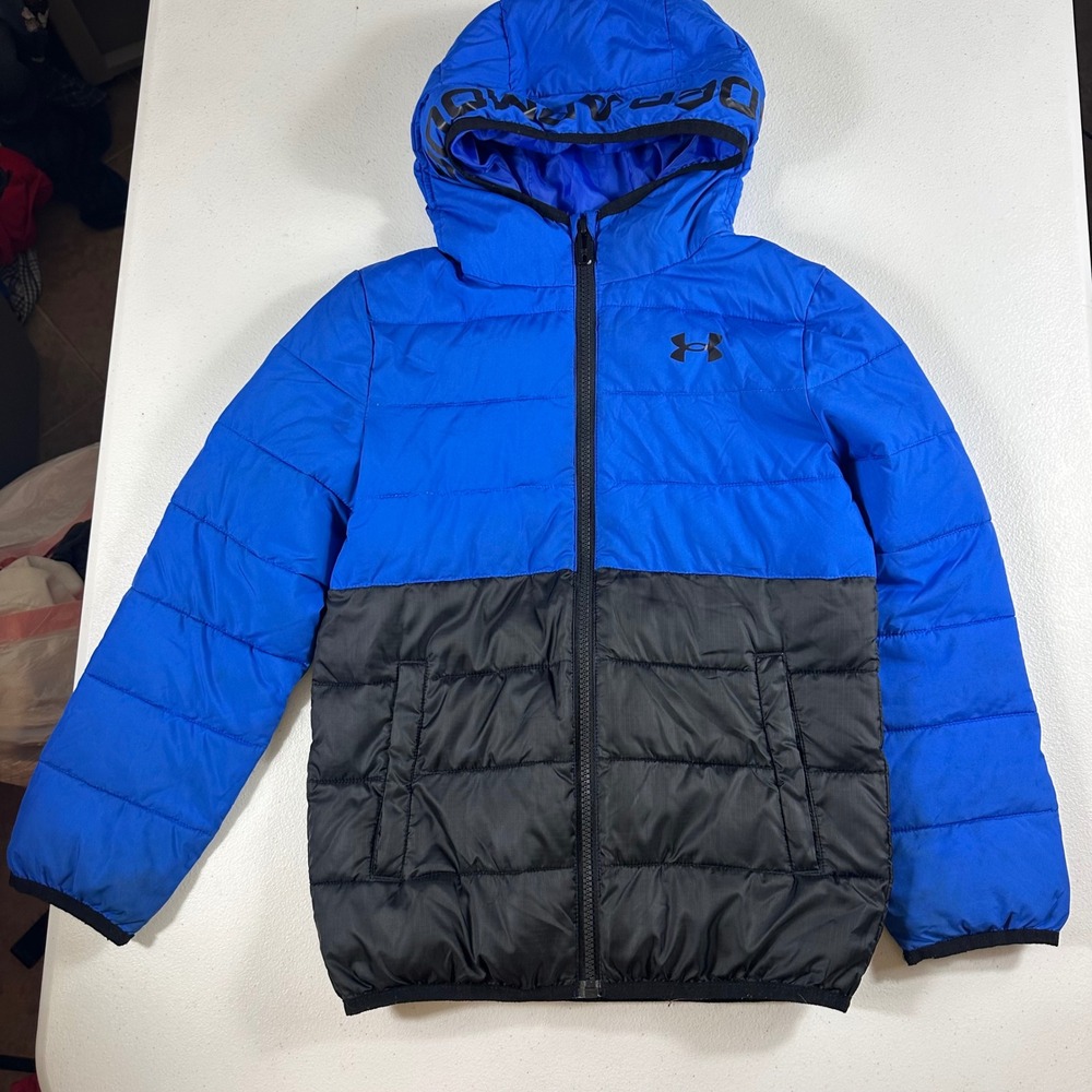 Under Armour Puffer Jacket Youth Small Blue Black Zip Hooded Outdoor Coat